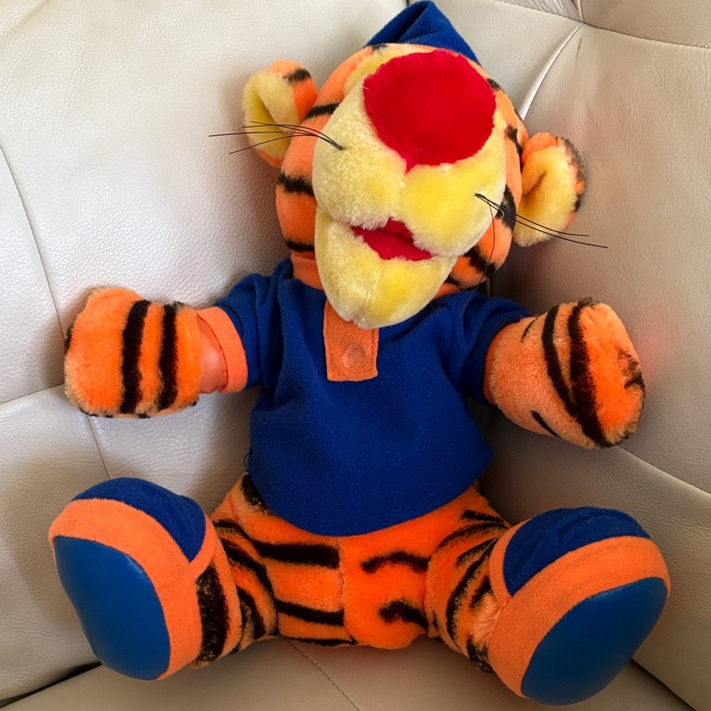 Plush Tiger Toy with Blue and Orange Outfit